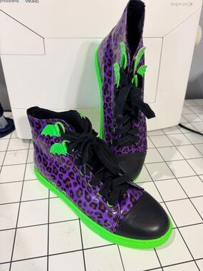 Strange Cvlt Purple Leopard High-Top Sneakers with Neon Green Accents